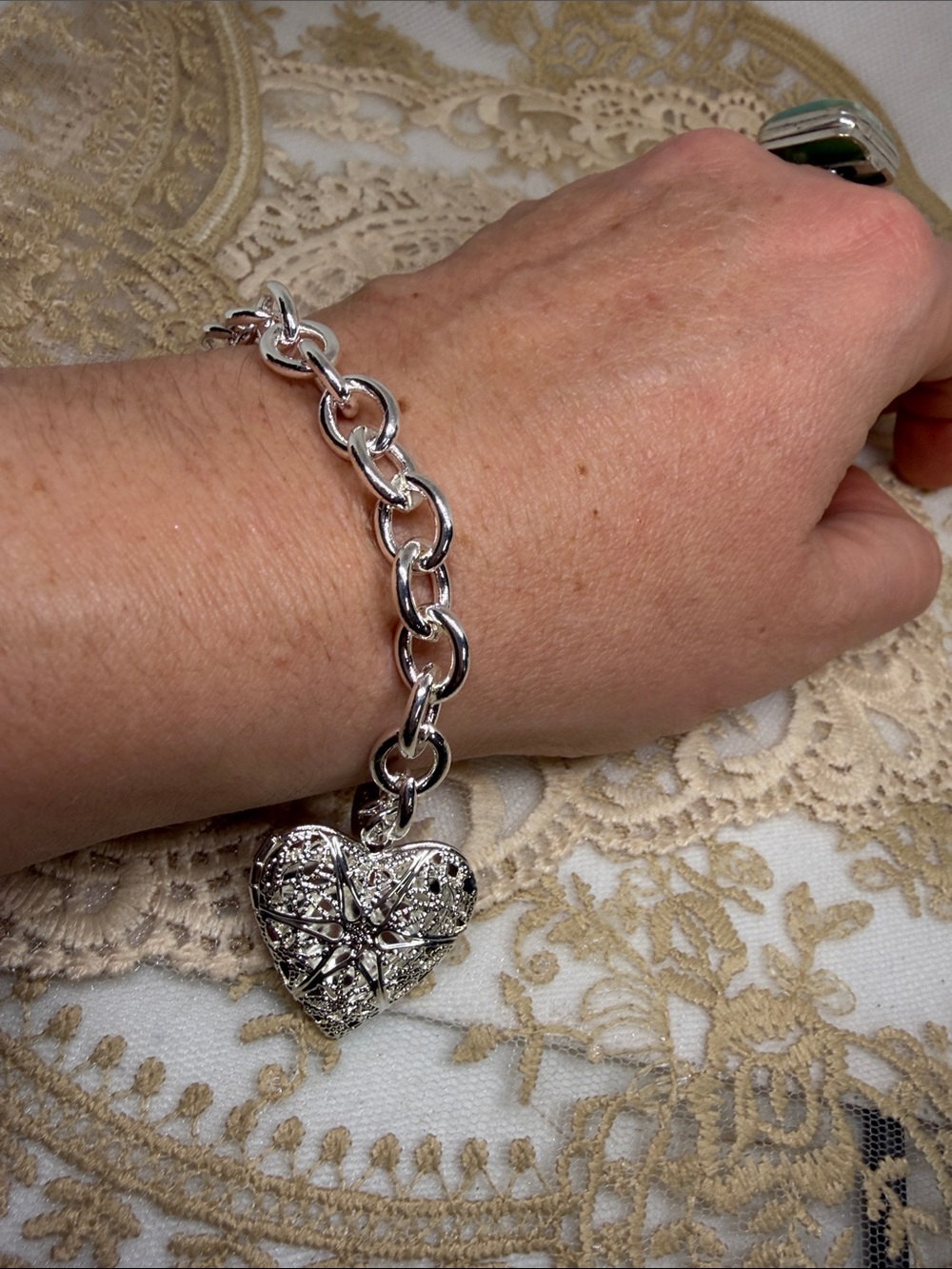 925 Sterling Silver Oversized Heart Locket Bracelet Filigree Heirloom